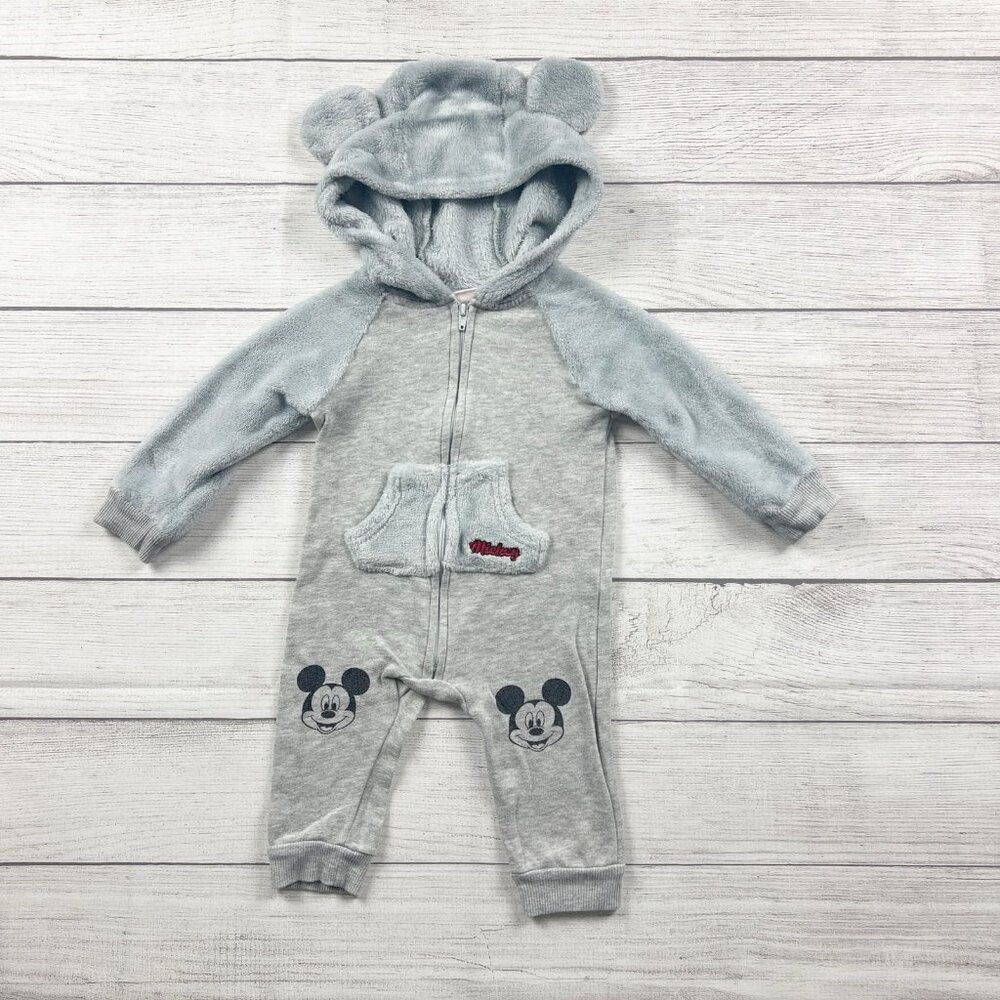 Disney Baby Mickey Mouse Fleece Hooded Romper Zip Up One Piece 12 Months
